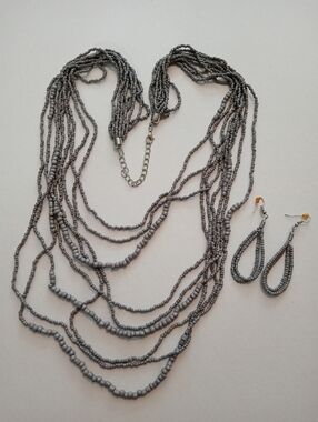 #1191. Gray Glass Seed Bead, Multi Strand Necklace & Earring Set.